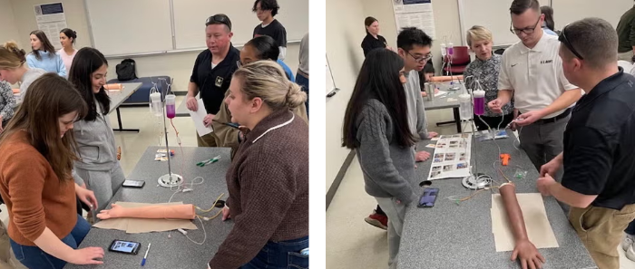 Two photos of students practicing clinical techniques with fake arms.